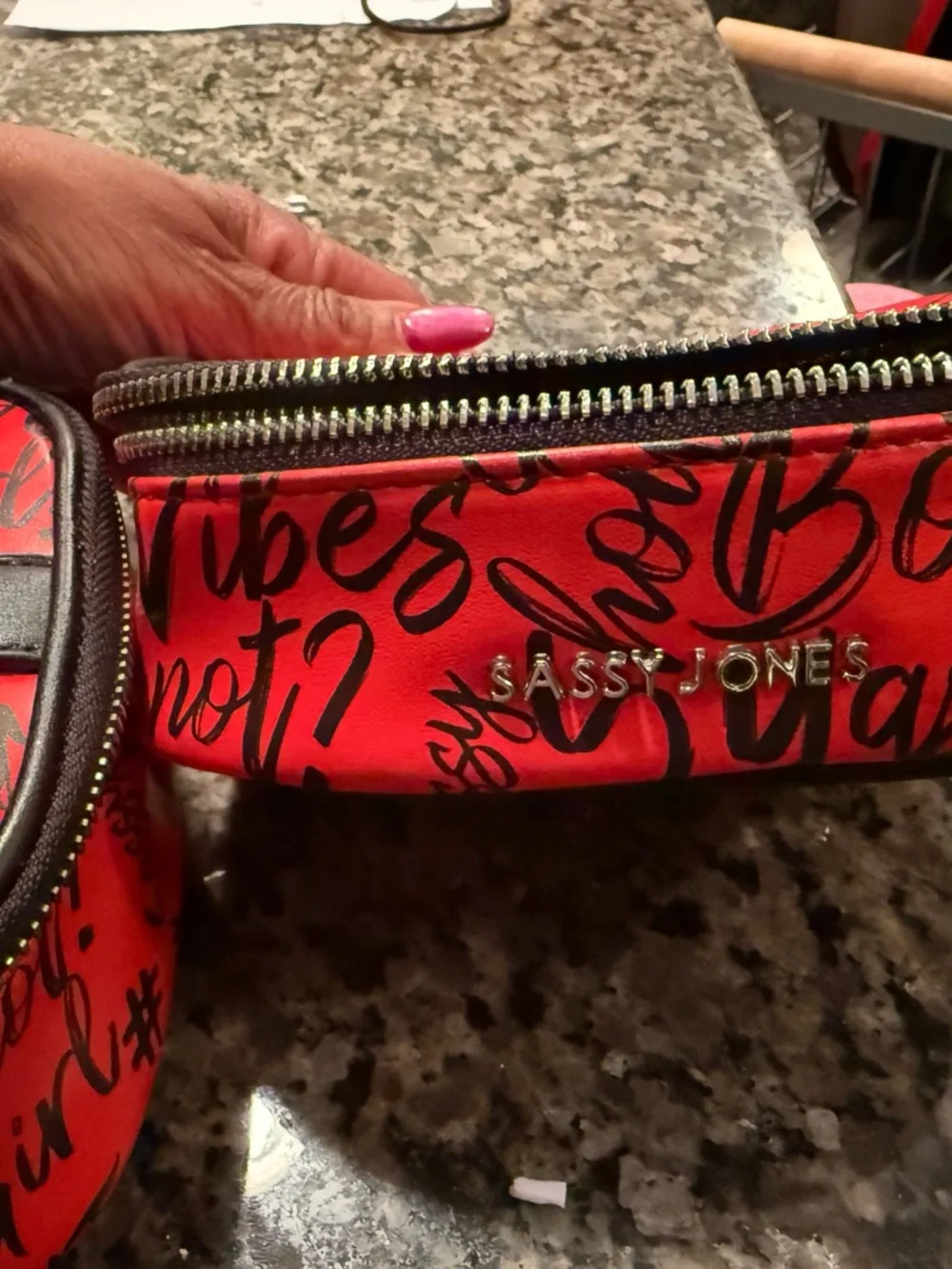 Sassy Jones Red Script Cosmetic Case with Metal Logo - Picture 4 of 11